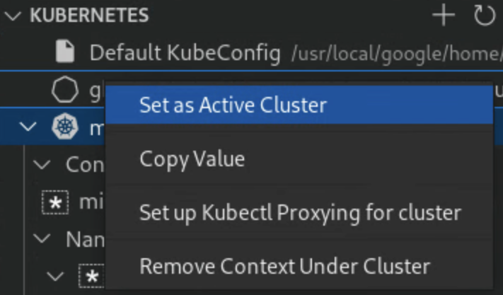 Définir le cluster comme actif à l'aide du menu contextuel