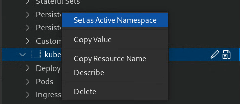 Menetapkan namespace sebagai konteks saat ini menggunakan menu klik kanan