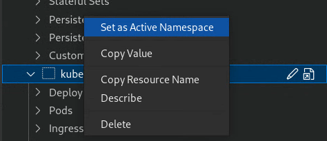 Definir namespace como o contexto atual usando o menu do botão direito