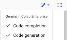 The list of Gemini in Colab Enterprise features under the Help me code button, including code completion and code generation.