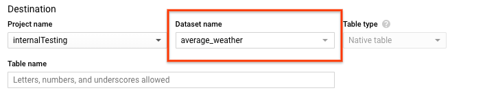 average_weather データセットのデータセット オプションを選択する