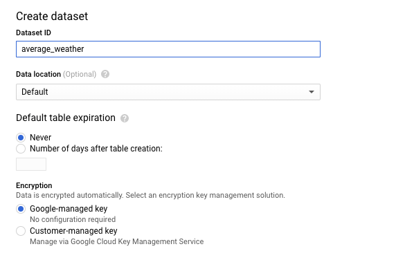 データセット ID には、「average_weather」という名前を入力します。