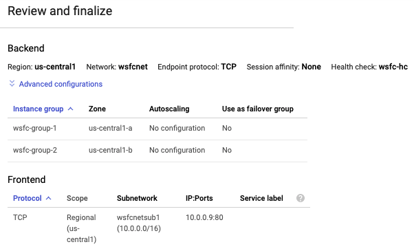 Google Cloud console shows final settings for internal load balancing.