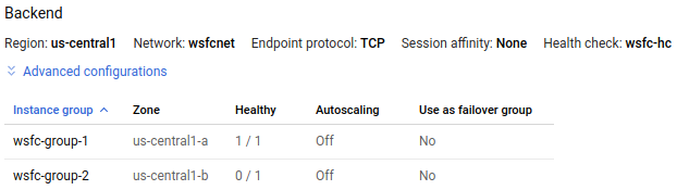 Load balancer status shows 1 / 1 healthy instances in instance group
wsfc-group-1, which indicates that it contains the active node.