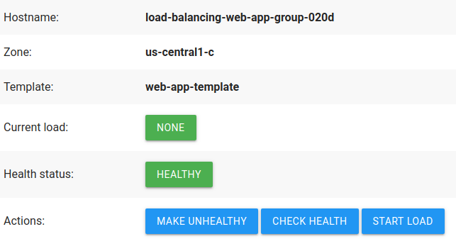 Application Web de démonstration qui répertorie les détails de l'instance et comporte des boutons d'action.