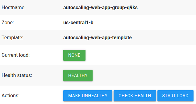 Aplicación web de demostración, que muestra detalles sobre la instancia y tiene botones de acción.