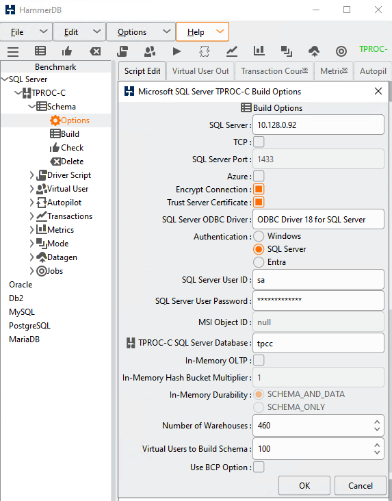 Impostazione delle opzioni di build TPROC-C