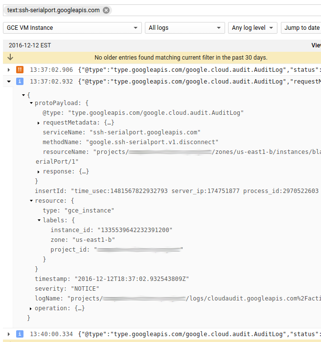 Audit logs for the serial console.