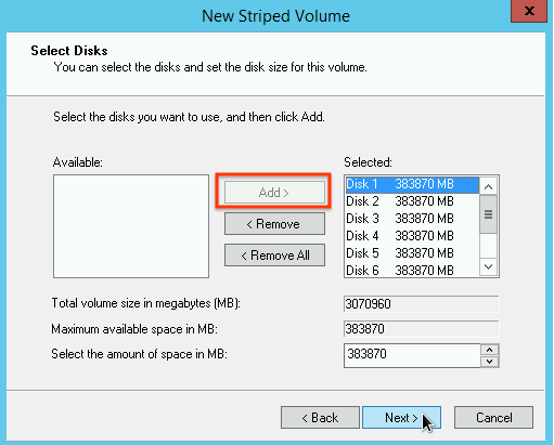 Sélection des partitions SSD locales à inclure dans la baie de disques.