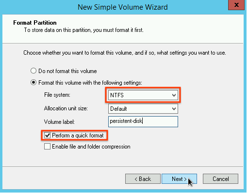 Memilih jenis format partisi di Wizard New Simple Volume.