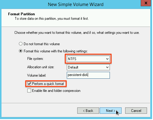 Selecting the partition format type in the New Simple Volume Wizard.