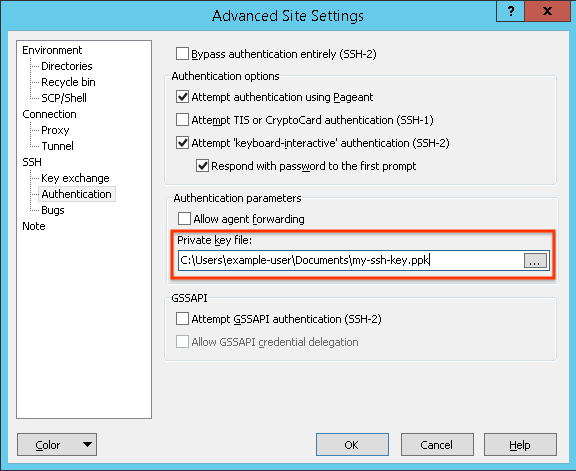 Menyetel private key file ke my-ssh-key.ppk di dialog Advanced Site Settings.