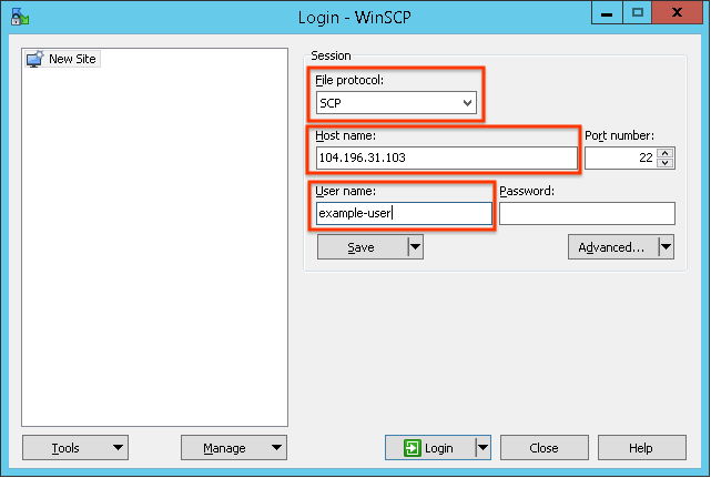 Menyetel file protocol ke SCP, host name ke 104.196.31.103, dan user name ke example-user.