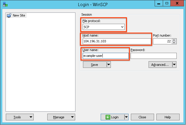 将文件协议设置为 SCP，将主机名设置为 104.196.31.103，将用户名设置为 example-user。