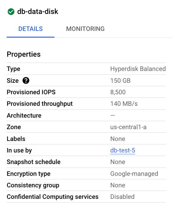 Screenshot of the configured properties for a Hyperdisk Balanced disk