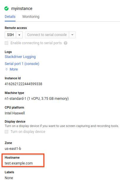 VM instances page showing the hostname.