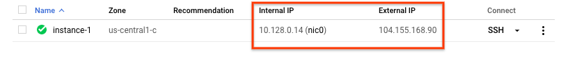 VM instances page showing internal and external IPs.