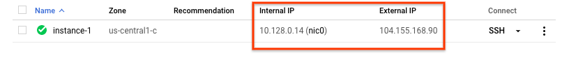 Page "Instances de VM" affichant les adresses IP interne et externe