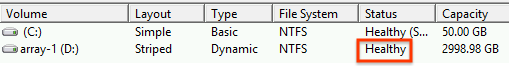 Visualize a lista de discos reconhecidos pelo Windows e verifique se o SSD local tem status &quot;Íntegro&quot;.