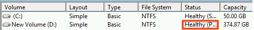 Visualize a lista de discos reconhecidos pelo Windows e verifique se o SSD local tem status &quot;Íntegro&quot;.