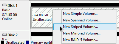 Membuat volume striped baru dari disk yang terpasang.