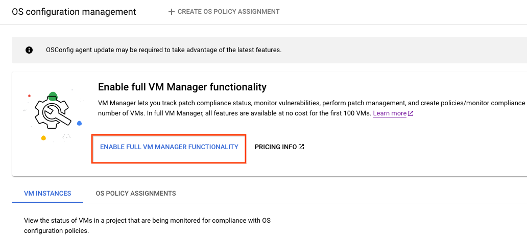 Abilitazione automatica completa di VM Manager.