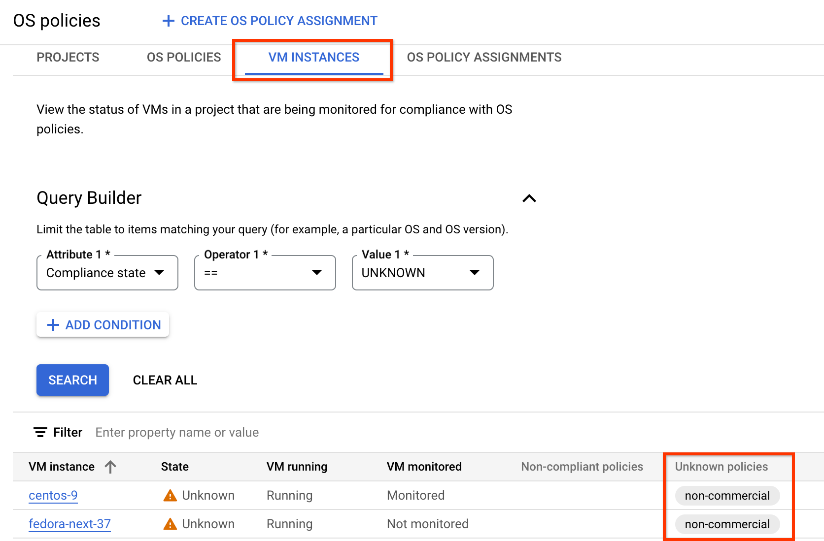 Tab "VM-Instanzen" mit unbekannten Betriebssystemrichtlinien.