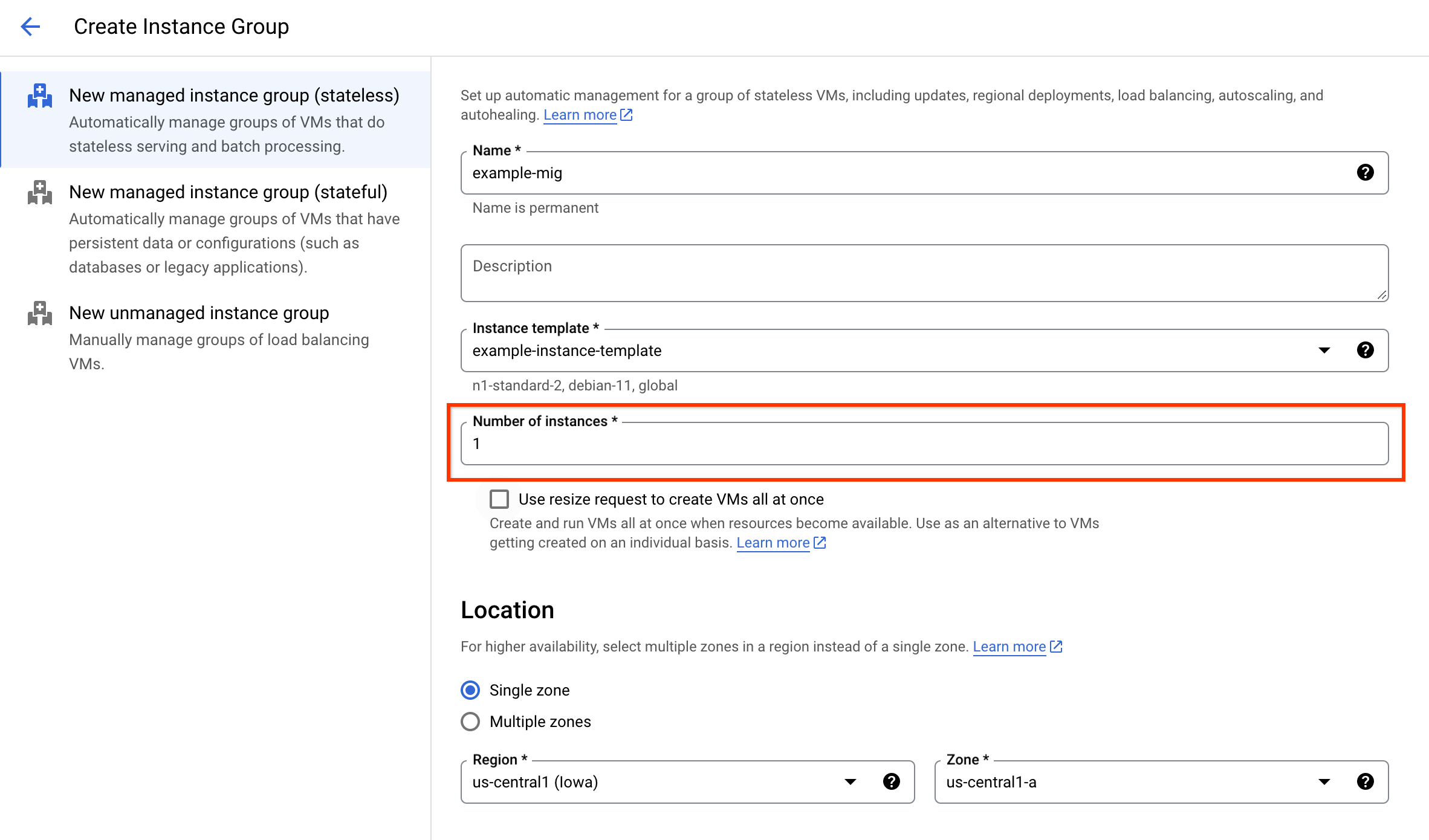 Kolom jumlah instance di halaman Create instance group.