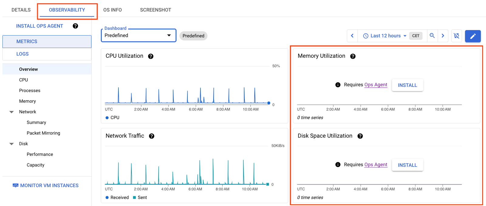 Onglet "Observabilité" pour une VM sans l'agent Ops installé.