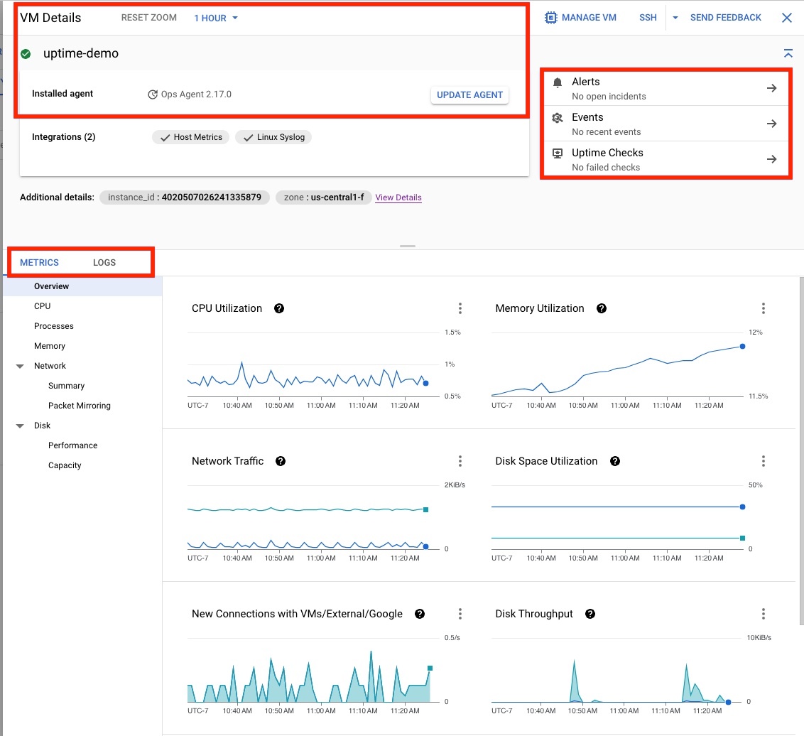 The VM
 Details page provides information about a specific VM.