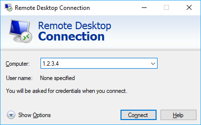 リモート デスクトップ接続のダイアログ。