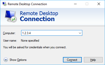 Dialog Koneksi Desktop Jarak Jauh.