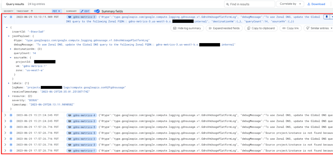 Captura de ecrã do jsonPayload nos resultados da consulta do registo gdnsusage.