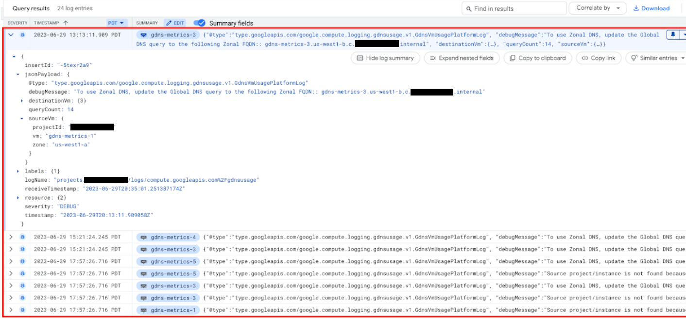 Screenshot di jsonPayload nei risultati della query del log di gdnsusage