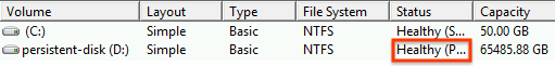 Viewing the list of disks that are recognized by Windows, verify that the instance is Online with a Healthy status.