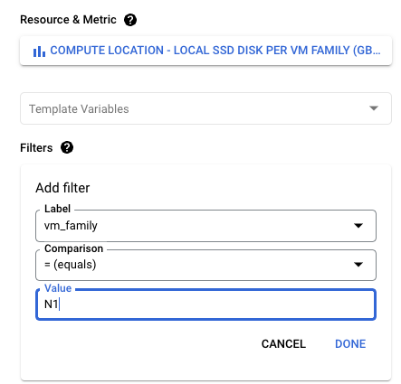 Filtrar para selecionar uma família de VMs.