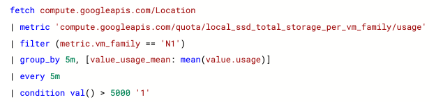 MQL que usa la métrica de cuota de SSD local por familia de VM