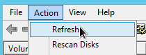 Klicken auf das Menü "Action" und Auswählen von "Refresh", sodass die Informationen des zonalen nichtflüchtigen Speichers in der Datenträgerverwaltung aktualisiert werden.