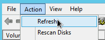 Mengklik menu Action dan memilih Refresh untuk memperbarui informasi persistent disk zona di alat Disk Management.