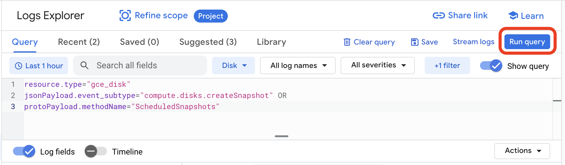 snapshot creation log query.