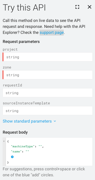 「Try this API」視窗：顯示「Request body」欄位，指出要將要求貼到哪裡進行驗證。
