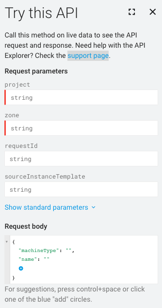 “试用此 API”窗口，显示了“请求正文”字段，以显示粘贴请求位置进行验证。