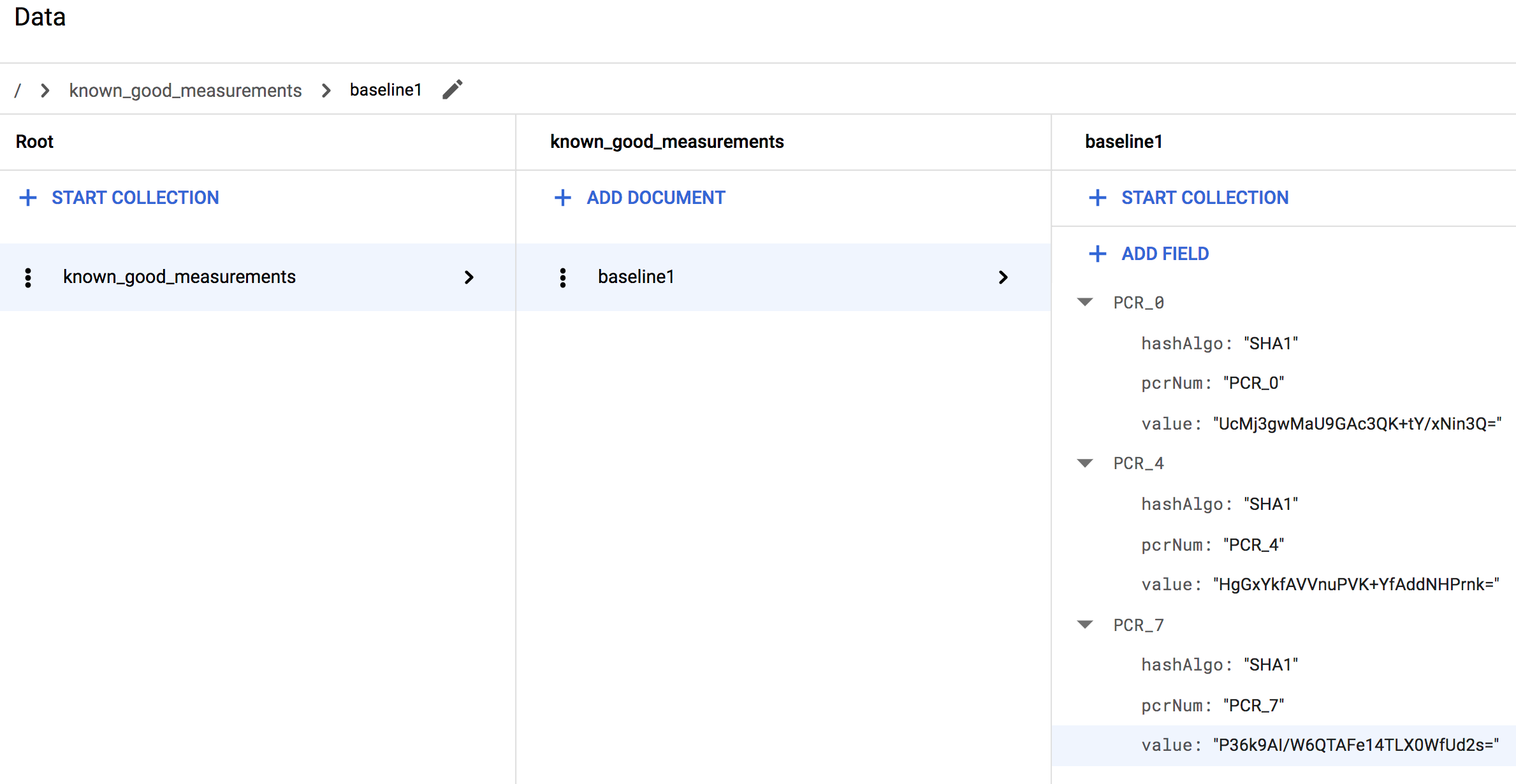 Linux 用の known_good_measurements コレクションを示す Firestore データベース。