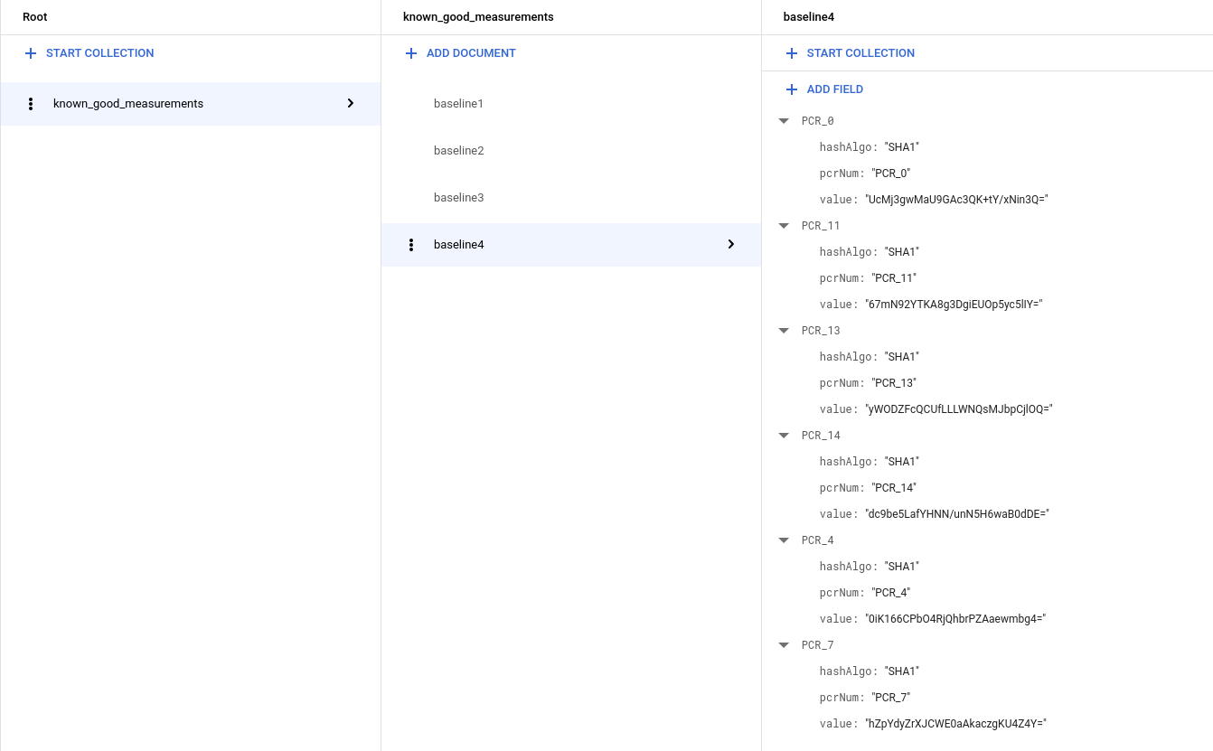 Windows 用の known_good_measurements コレクションを示す Firestore データベース。