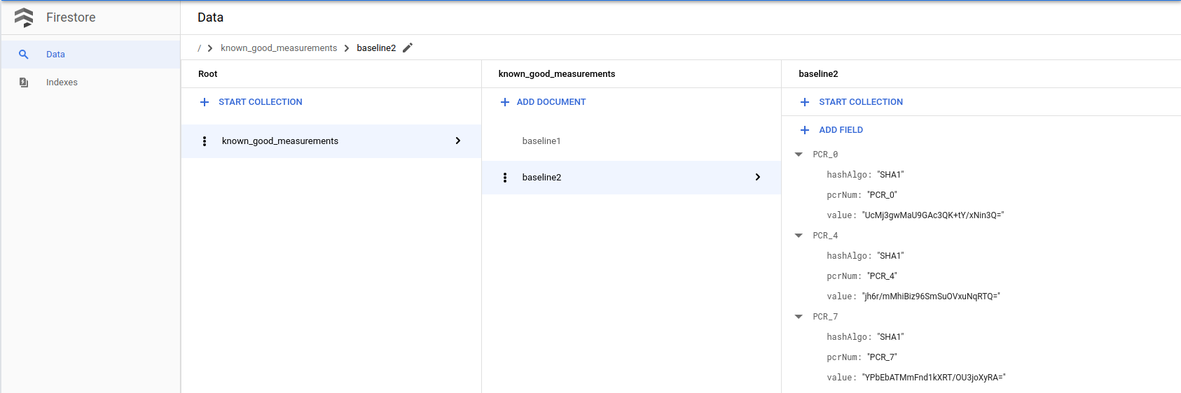 Una base de datos de Firestore que muestra una colección nueva de known_good_measurements completada.