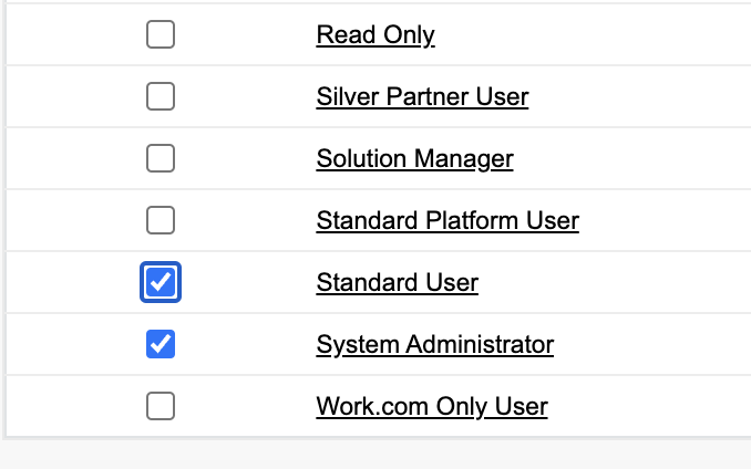 Standard user and system administrator checked