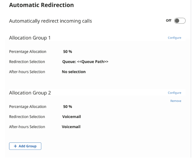 The automatic redirection options are shown, along with the allocation groups.