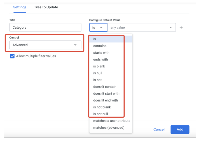 Choose a name, default value, and control setting for your custom filter.