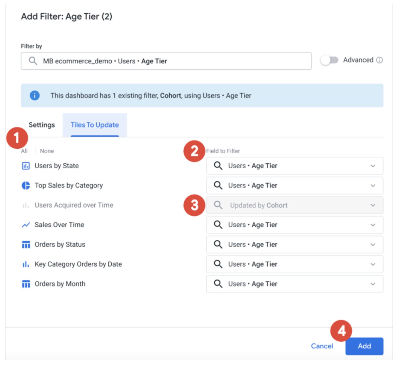 Add a filter criteria and select tiles to update.