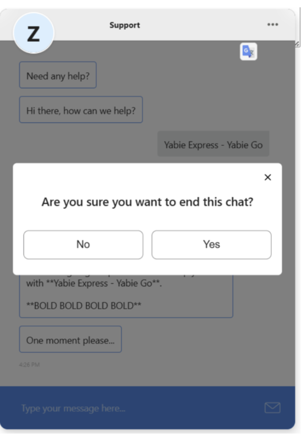 An example of a dialog buttons with options to end a chat is shown.